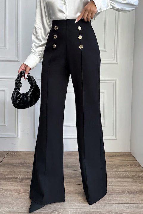 Pantaloni Dama, Evazati, Cu Talie Inalta, Decorati Cu Nasturi Dubli