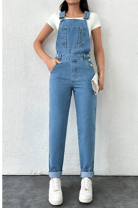 Salopeta Denim Dama, Buzunare Oblice, Bretele, Si Nasturi Laterali