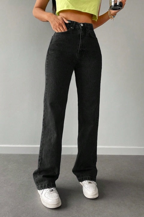 Blugi Dama, Croiala Mom Fit Si Culoare Solida