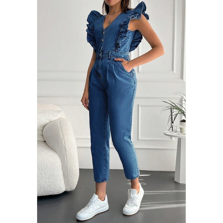 Salopeta Dama, Din Denim, Cu Volane La Umeri