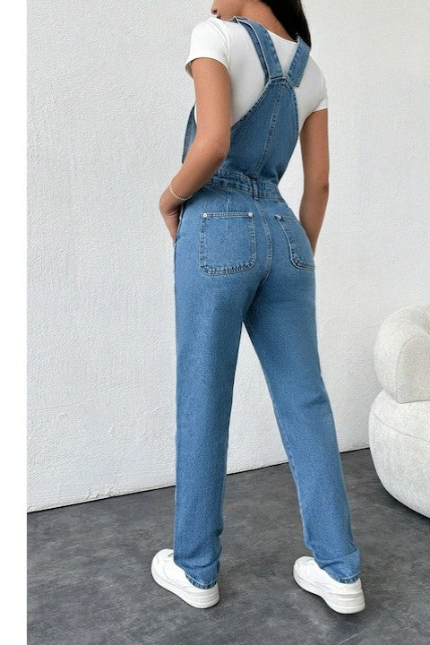 Salopeta Denim Dama, Buzunare Oblice, Bretele, Si Nasturi Laterali
