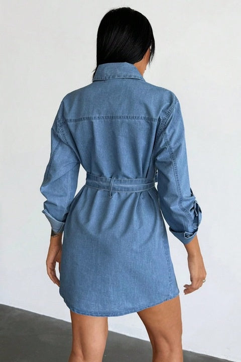 Rochie Dama, Denim, Tip Camasa, Cu Nasturi Si Cordon In Talie
