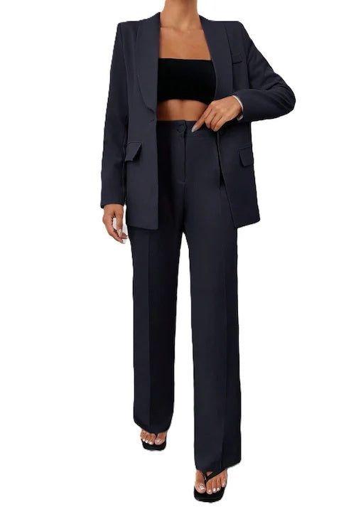 Costum Elegant Dama, Din Doua Piese, Sacou Cu Guler Sal Si Pantaloni Talie Inalta