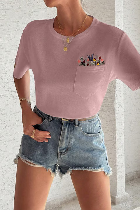 Tricou Dama, Bumbac, Cu Buzunar; Borderie Buchet Flori