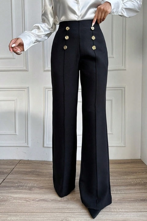 Pantaloni Dama, Evazati, Cu Talie Inalta, Decorati Cu Nasturi Dubli