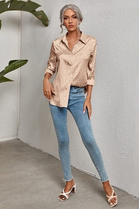 Camasa Dama, Eleganta, Satin, Cu Jacquard Leopard Print