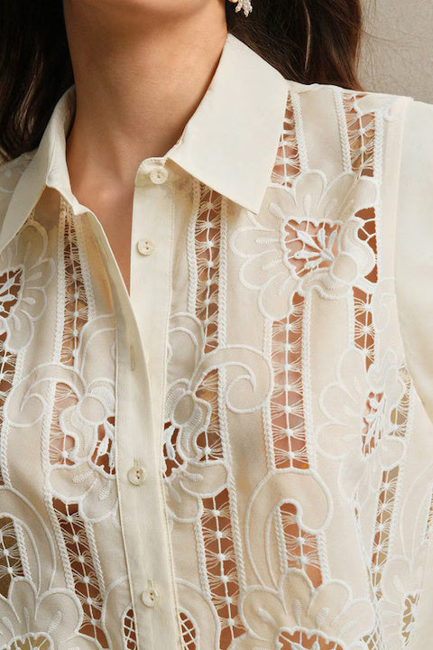 Set Dama, 2 Piese, Bluza & Pantaloni, Brodat Cu Dantela