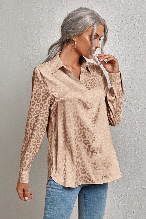 Camasa Dama, Eleganta, Satin, Cu Jacquard Leopard Print