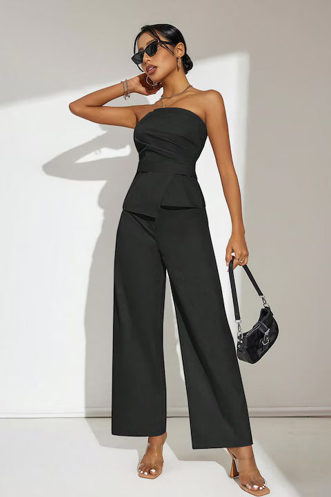 Set Dama, Top Fara Bretele Si Pantaloni Cu Talie Inalta, Culoare Solida