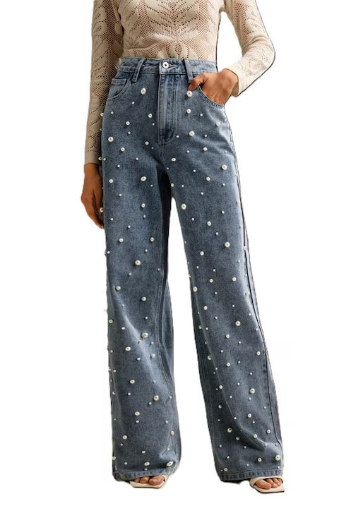 Blugi Dama, Croiala Lejera, Talie Inalta, Cu Decoratii Din Perle