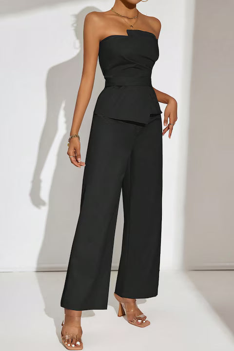 Set Dama, Top Fara Bretele Si Pantaloni Cu Talie Inalta, Culoare Solida