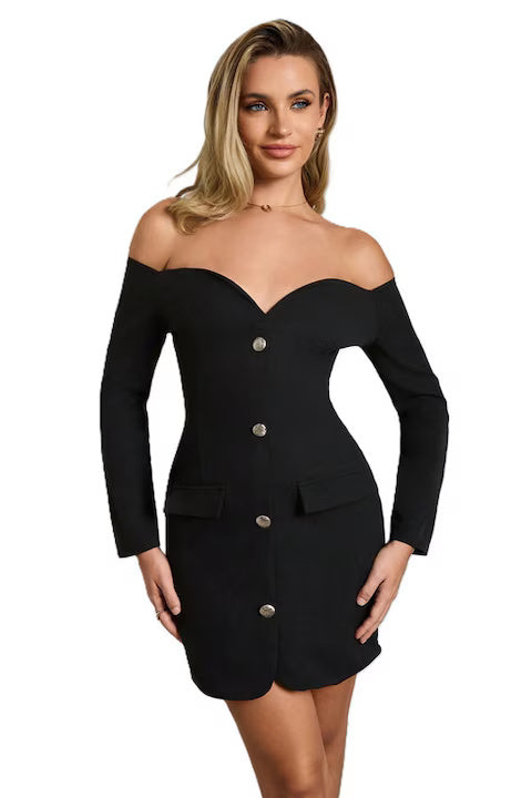Rochie Dama, Scurta, Fara Umeri, Eleganta Cu Nasturi Si Buzunare False