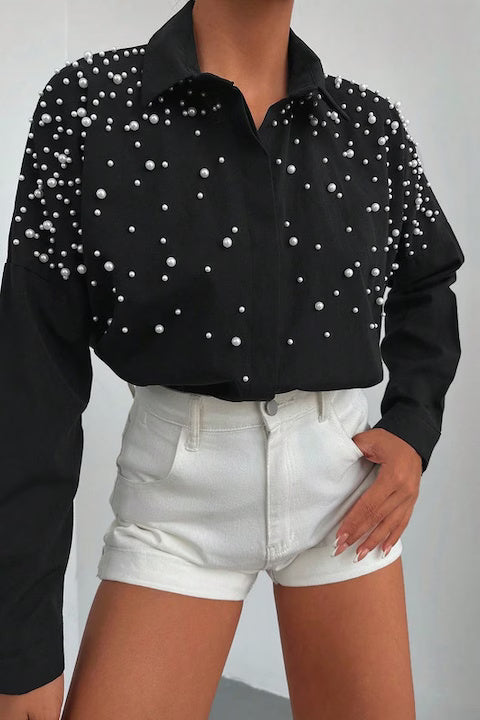 Camasa Dama, Bumbac, Casual, Eleganta, Decorata Cu Perle Si Margele