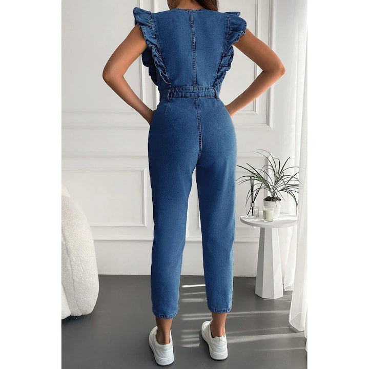 Salopeta Dama, Din Denim, Cu Volane La Umeri