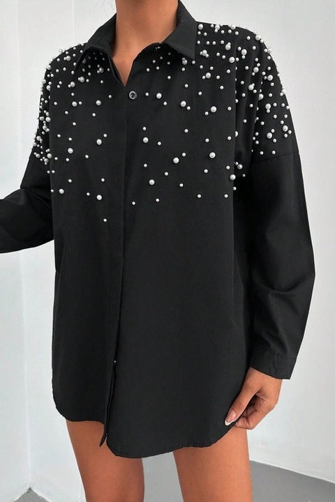 Camasa Dama, Bumbac, Casual, Eleganta, Decorata Cu Perle Si Margele