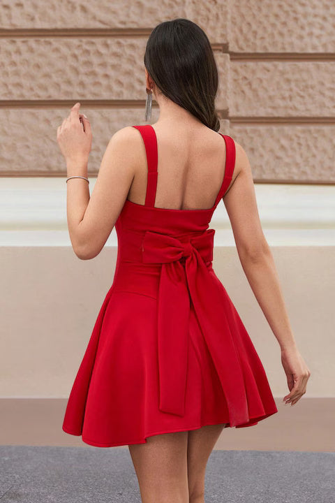 Rochie Scurta Dama, A-Line, Decolteu Patrat Si Funda Mare La Spate
