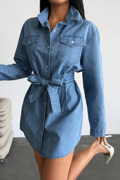 Rochie Dama, Denim, Tip Camasa, Cu Nasturi Si Cordon In Talie
