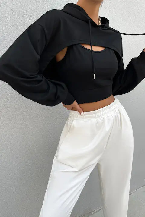 Set Hanorac Si Maieu Dama, Cropped, Cu Umeri Cazuti Pentru Femei