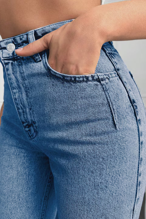 Blugi Dama, Croiala Cropped Mom-Fit Si Culoare Solida