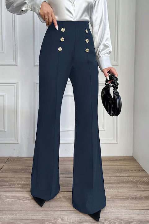 Pantaloni Dama, Evazati, Cu Talie Inalta, Decorati Cu Nasturi Dubli