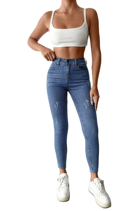 Blugi Dama, Ripped Skinny Jeans, Cu Talie Inalta