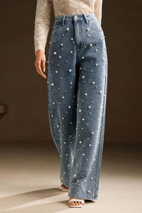 Blugi Dama, Croiala Lejera, Talie Inalta, Cu Decoratii Din Perle