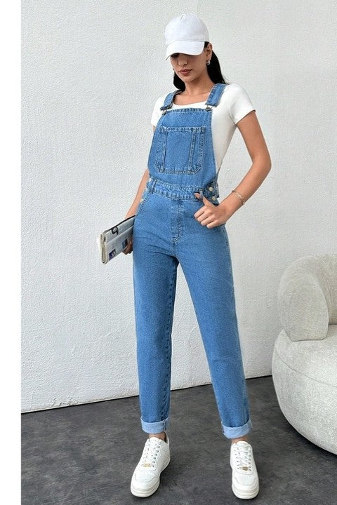 Salopeta Denim Dama, Buzunare Oblice, Bretele, Si Nasturi Laterali