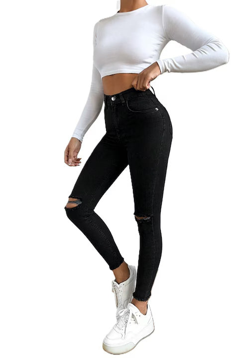 Blugi Skinny Jeans Dama, Rupti, Cu Talie Inalta