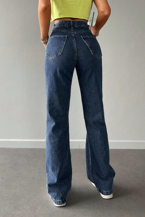 Blugi Dama, Croiala Mom Fit Si Culoare Solida