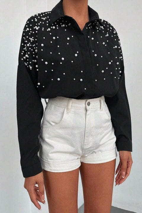 Camasa Dama, Bumbac, Casual, Eleganta, Decorata Cu Perle Si Margele