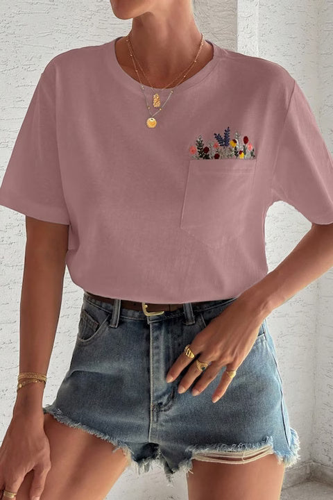 Tricou Dama, Bumbac, Cu Buzunar; Borderie Buchet Flori