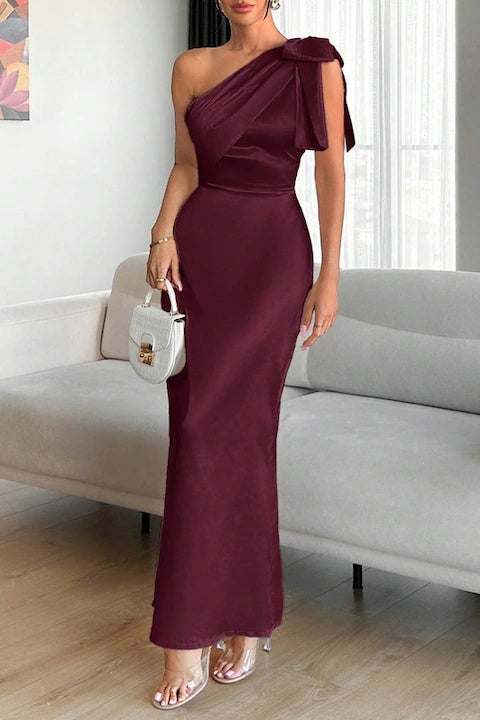 Rochie Dama, Eleganta, Din Satin, Pe Un Umar