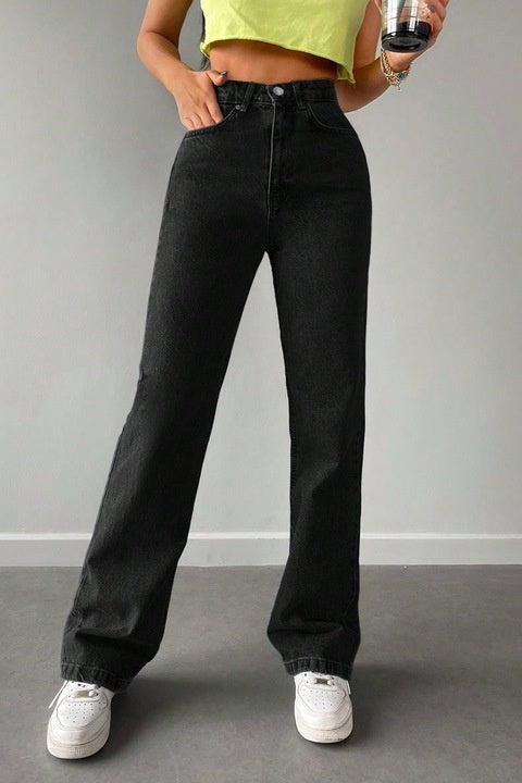 Blugi Dama, Croiala Mom Fit Si Culoare Solida