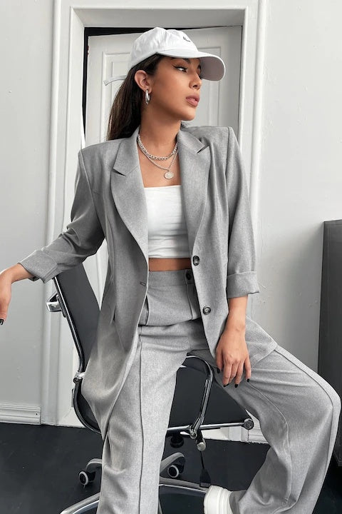 Costum Dama, 2 Piese , Sacou Cu Maneci Lungi Si Pantaloni Talie Inalta