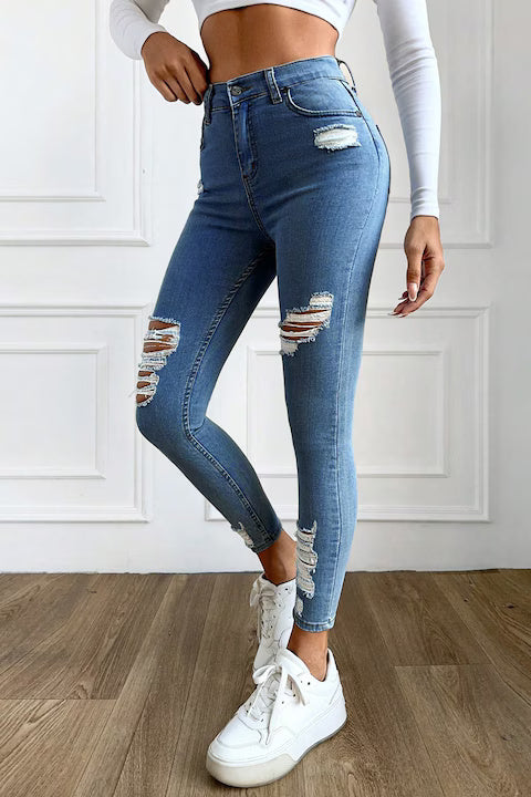 Blugi Dama, Ripped Skinny Jeans, Cu Talie Inalta Si Rupturi