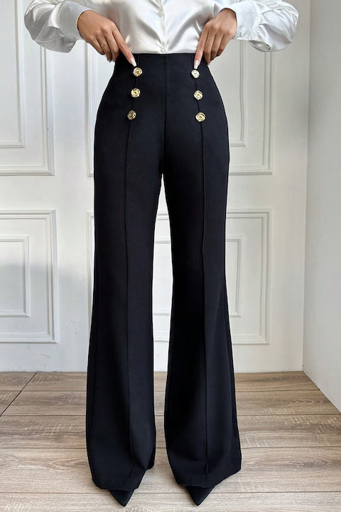 Pantaloni Dama, Evazati, Cu Talie Inalta, Decorati Cu Nasturi Dubli