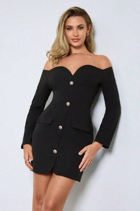 Rochie Dama, Scurta, Fara Umeri, Eleganta Cu Nasturi Si Buzunare False