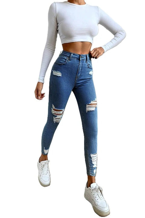 Blugi Dama, Ripped Skinny Jeans, Cu Talie Inalta Si Rupturi