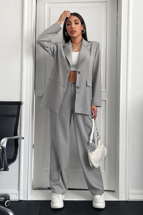 Costum Dama, 2 Piese , Sacou Cu Maneci Lungi Si Pantaloni Talie Inalta