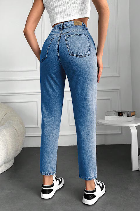 Blugi Dama, Croiala Cropped Mom-Fit Si Culoare Solida