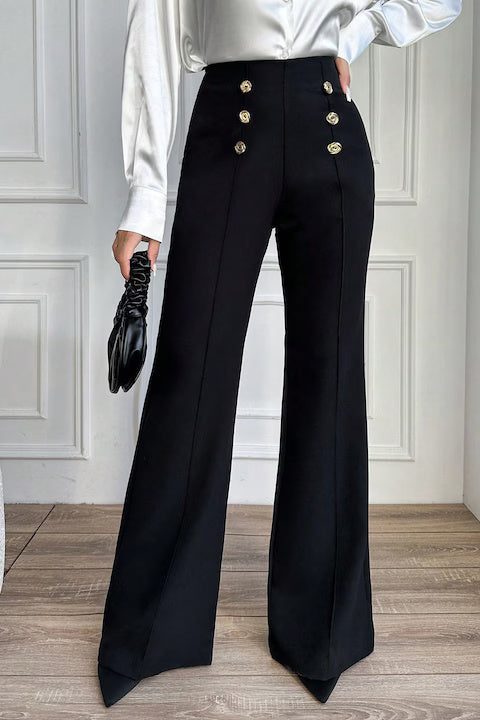 Pantaloni Dama, Evazati, Cu Talie Inalta, Decorati Cu Nasturi Dubli