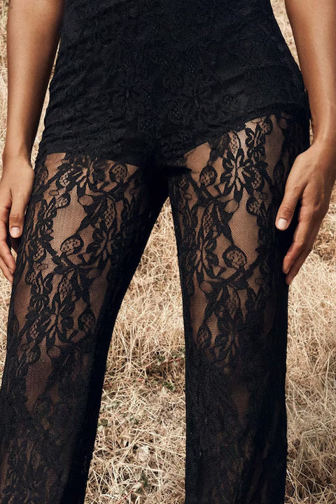 Pantaloni Dama, Din Dantela, Talie Inalta, Croiala Regular Fit