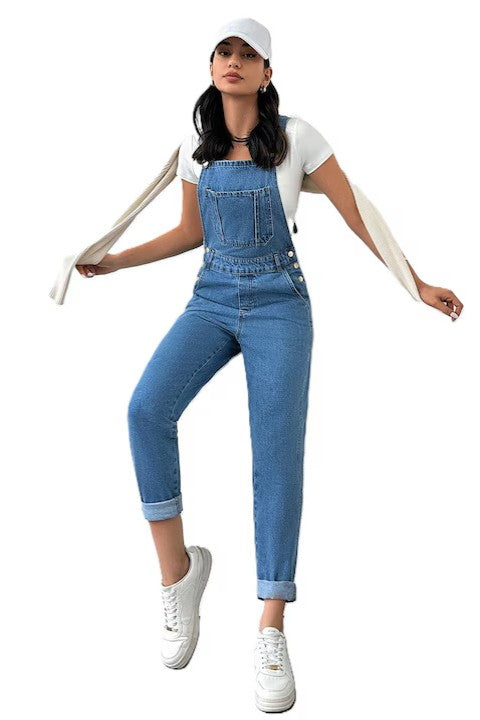 Salopeta Denim Dama, Buzunare Oblice, Bretele, Si Nasturi Laterali