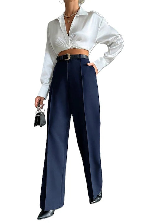 Pantaloni Eleganti Dama, Lungi, Drepti Cu Talie Inalta Pliuri