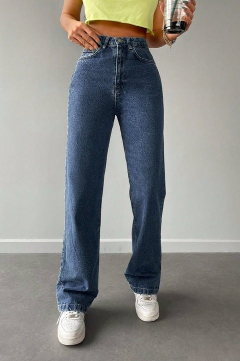 Blugi Dama, Croiala Mom Fit Si Culoare Solida