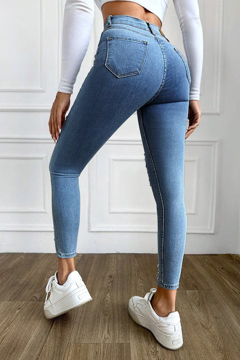 Blugi Dama, Ripped Skinny Jeans, Cu Talie Inalta Si Rupturi