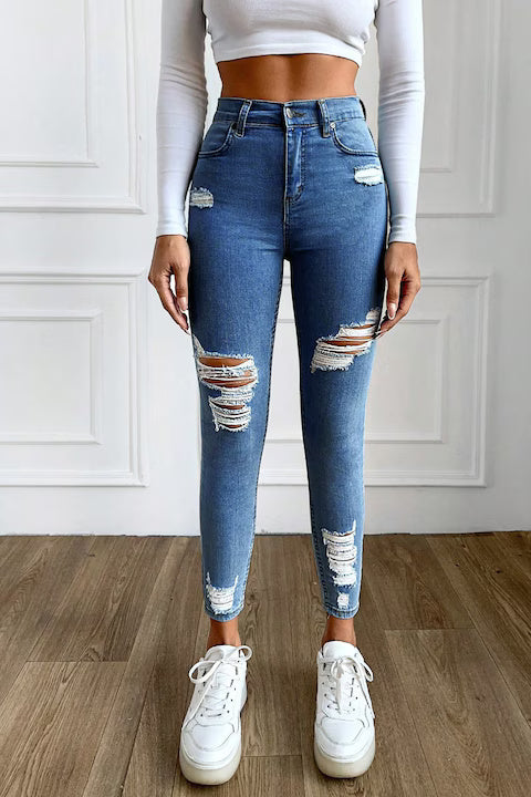 Blugi Dama, Ripped Skinny Jeans, Cu Talie Inalta Si Rupturi