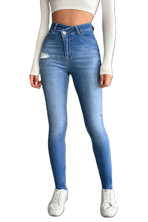 Blugi Ripped Skinny Jeans Dama, Cu Talie Inalta