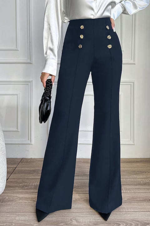 Pantaloni Dama, Evazati, Cu Talie Inalta, Decorati Cu Nasturi Dubli
