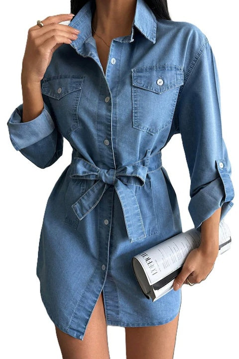 Rochie Dama, Denim, Tip Camasa, Cu Nasturi Si Cordon In Talie